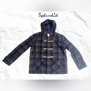 Splendid Navy and Brown Plaid Hooded Duffle Coat